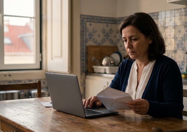 Mulher lê uma carta à mesa da cozinha, preocupada com uma dívida à Segurança Social