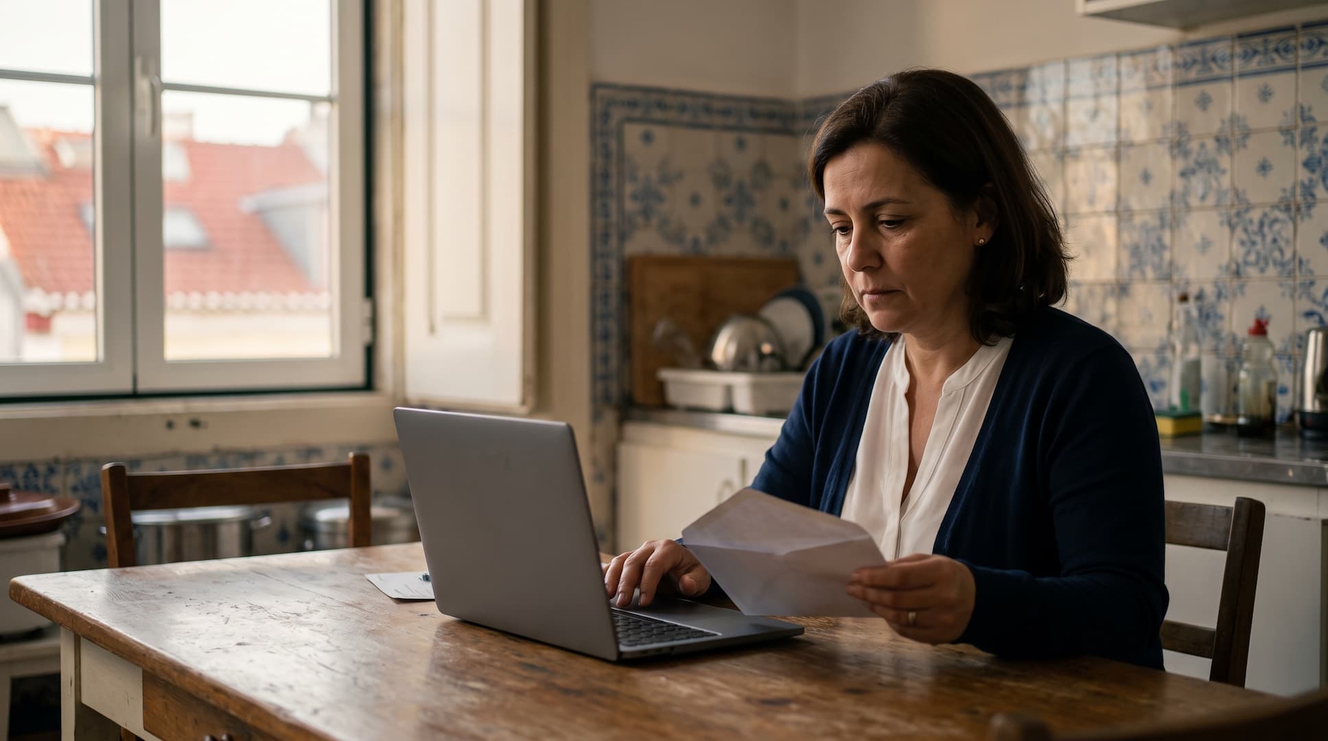 Mulher lê uma carta à mesa da cozinha, preocupada com uma dívida à Segurança Social