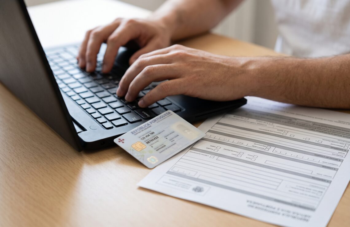 Formulário de proteção jurídica junto de um computador portátil e cartão de cidadão