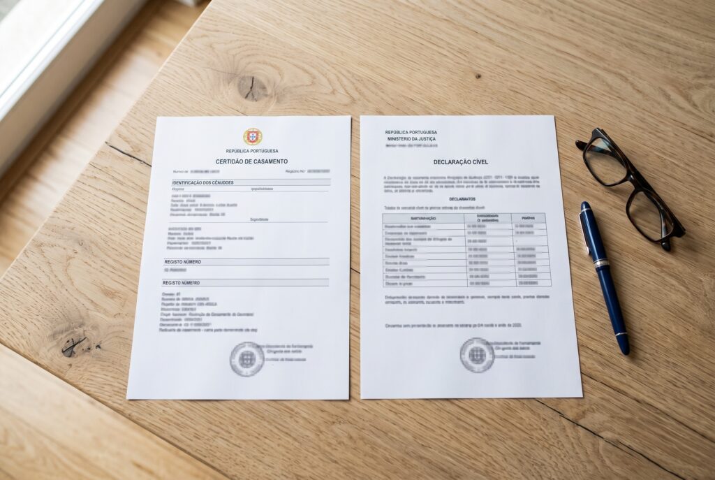 Caderneta predial e certidão da conservatória lado a lado sobre uma mesa