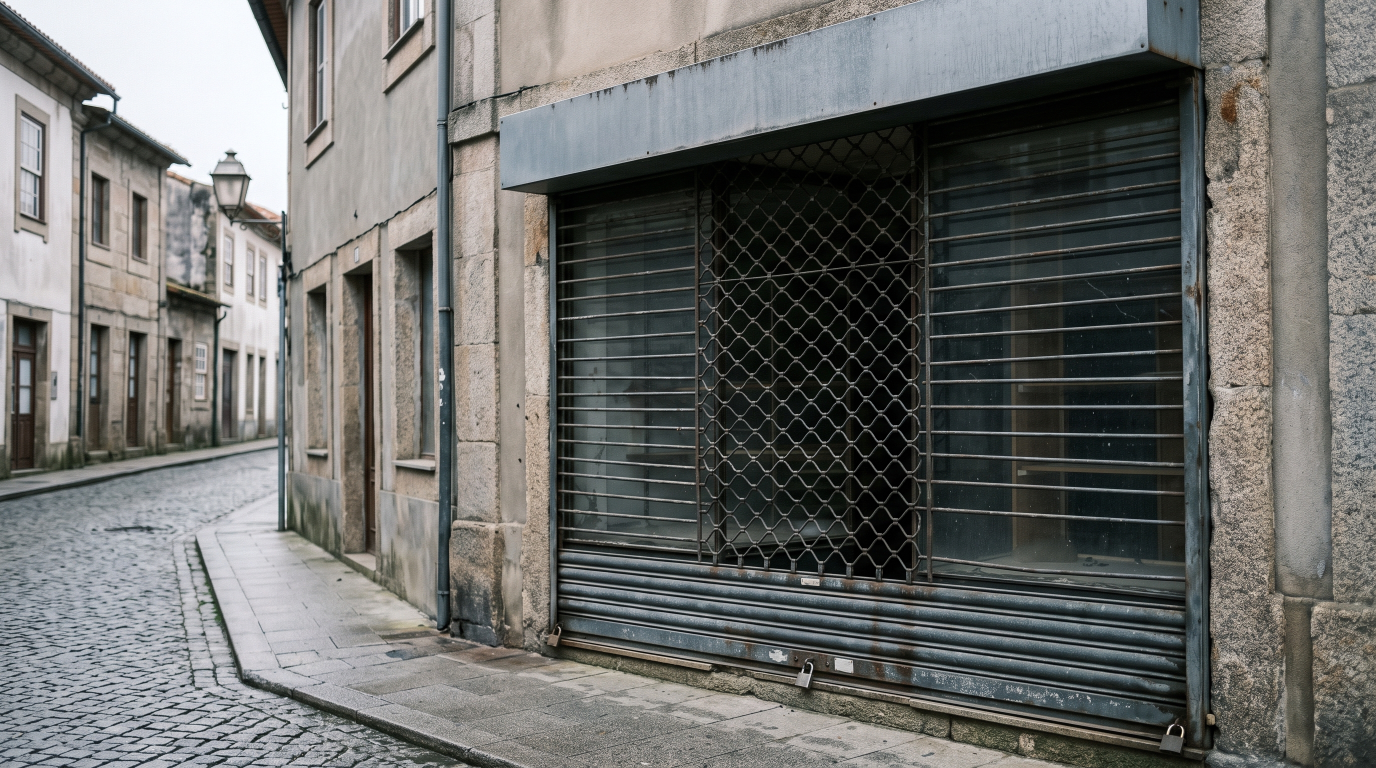 Montra de loja fechada com grade descida, vista da rua