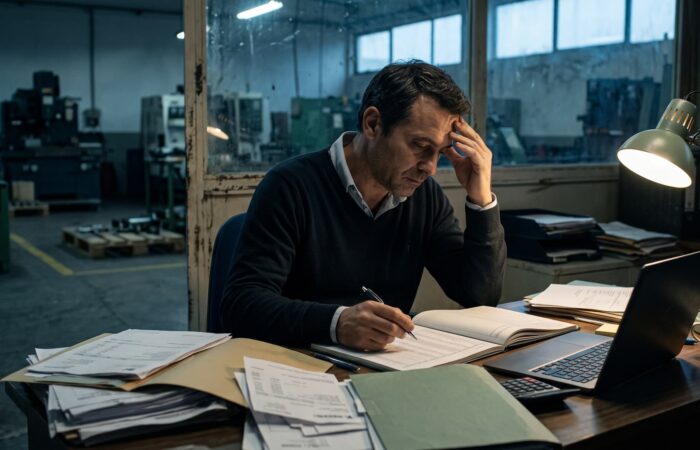 Gerente de uma pequena empresa analisa faturas por pagar ao fim do dia no escritório