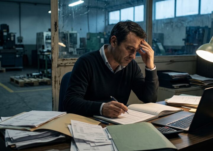 Gerente de uma pequena empresa analisa faturas por pagar ao fim do dia no escritório