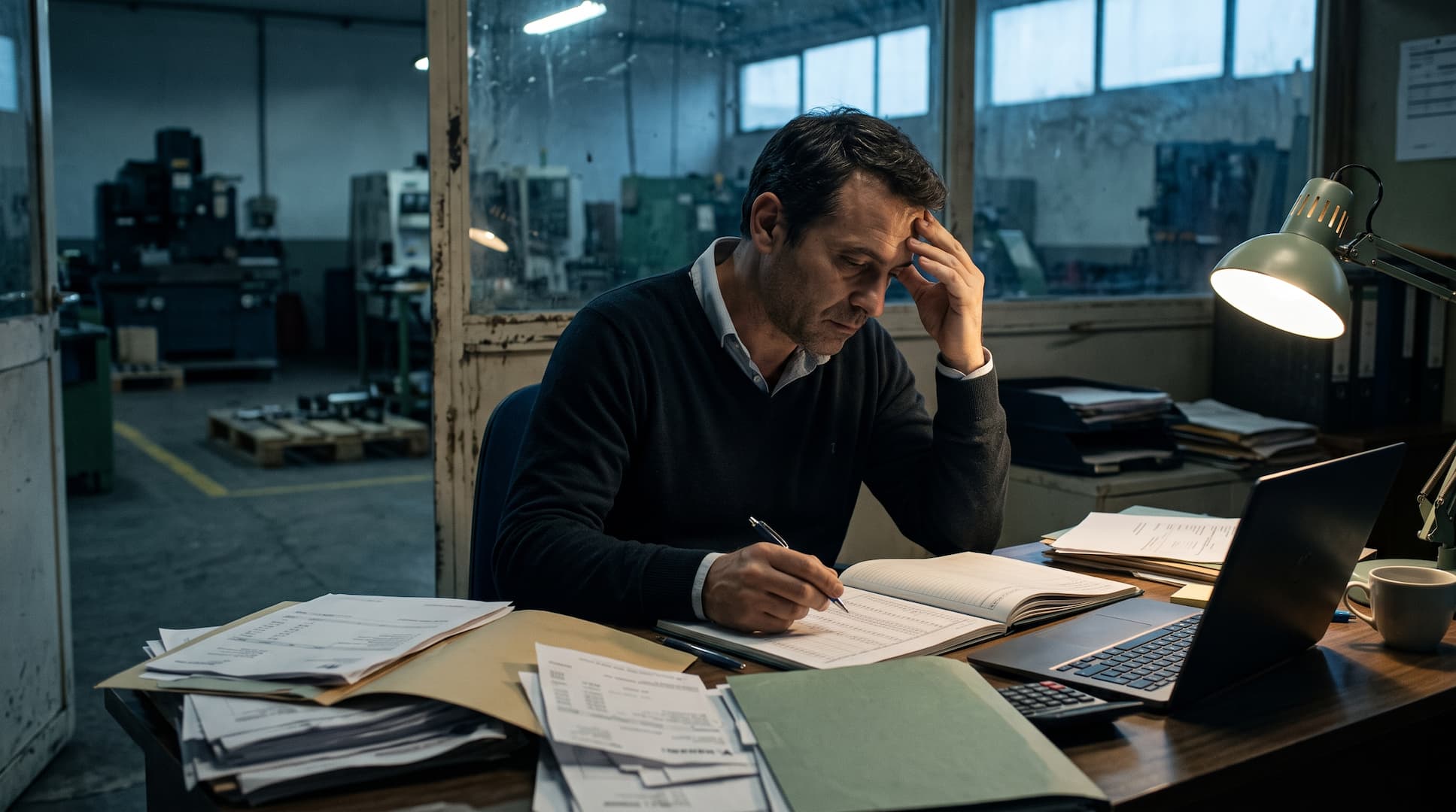 Gerente de uma pequena empresa analisa faturas por pagar ao fim do dia no escritório