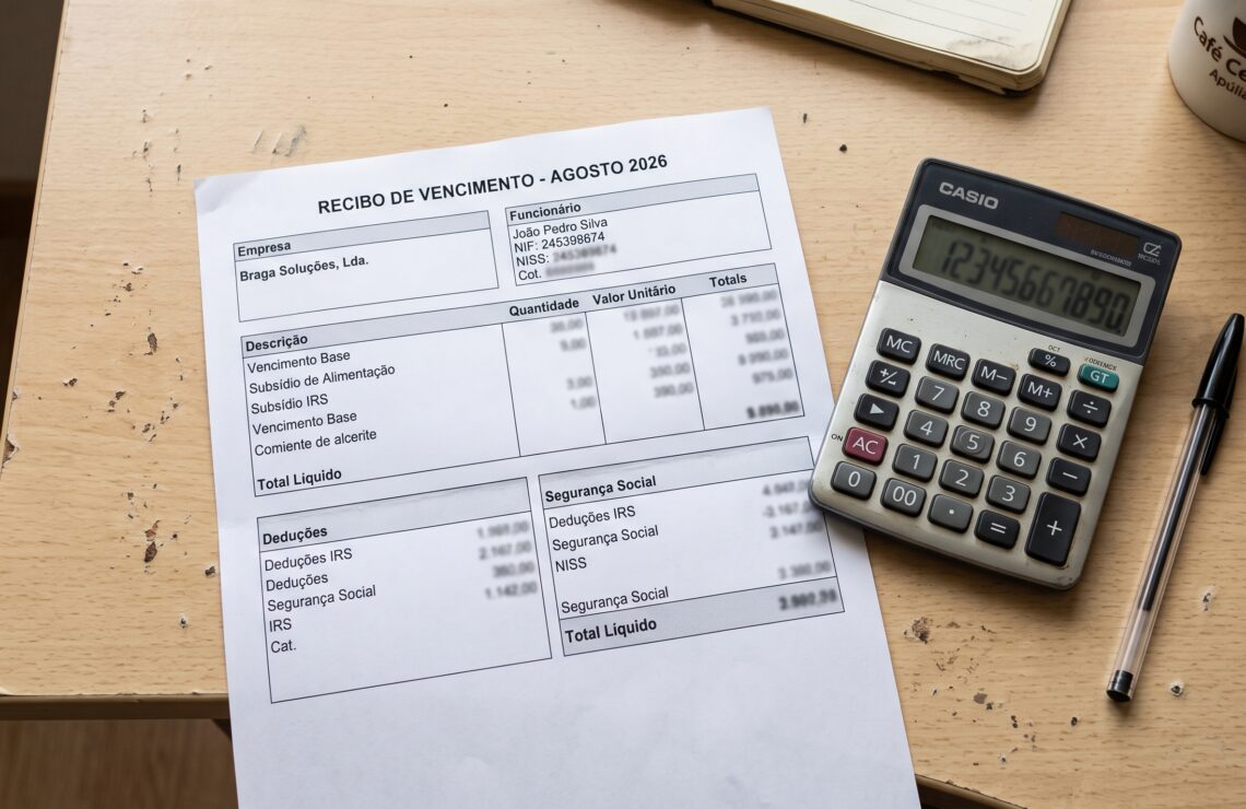 Recibo de vencimento sobre uma mesa, ao lado de uma calculadora