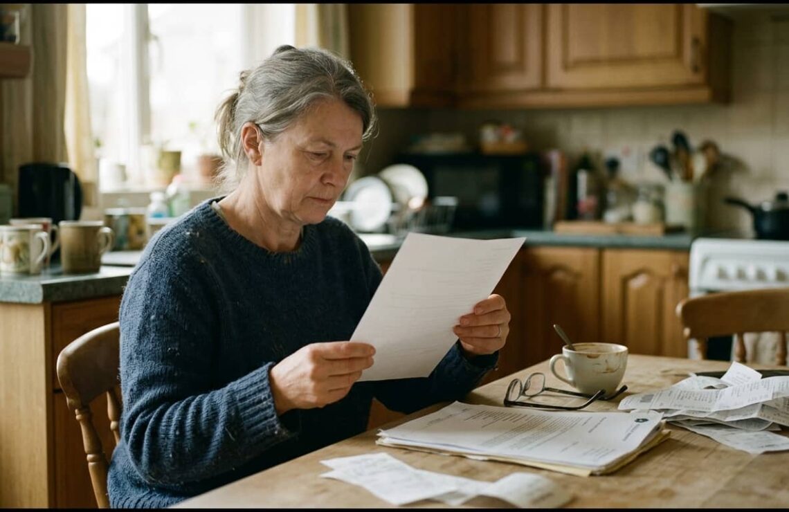 Mulher sentada à mesa da cozinha a ler uma carta da seguradora, com recibos e um relatório médico espalhados à frente.