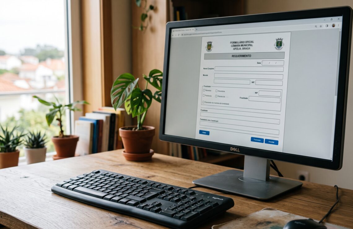 Ecrã de computador com um formulário oficial por preencher, visto de lado
