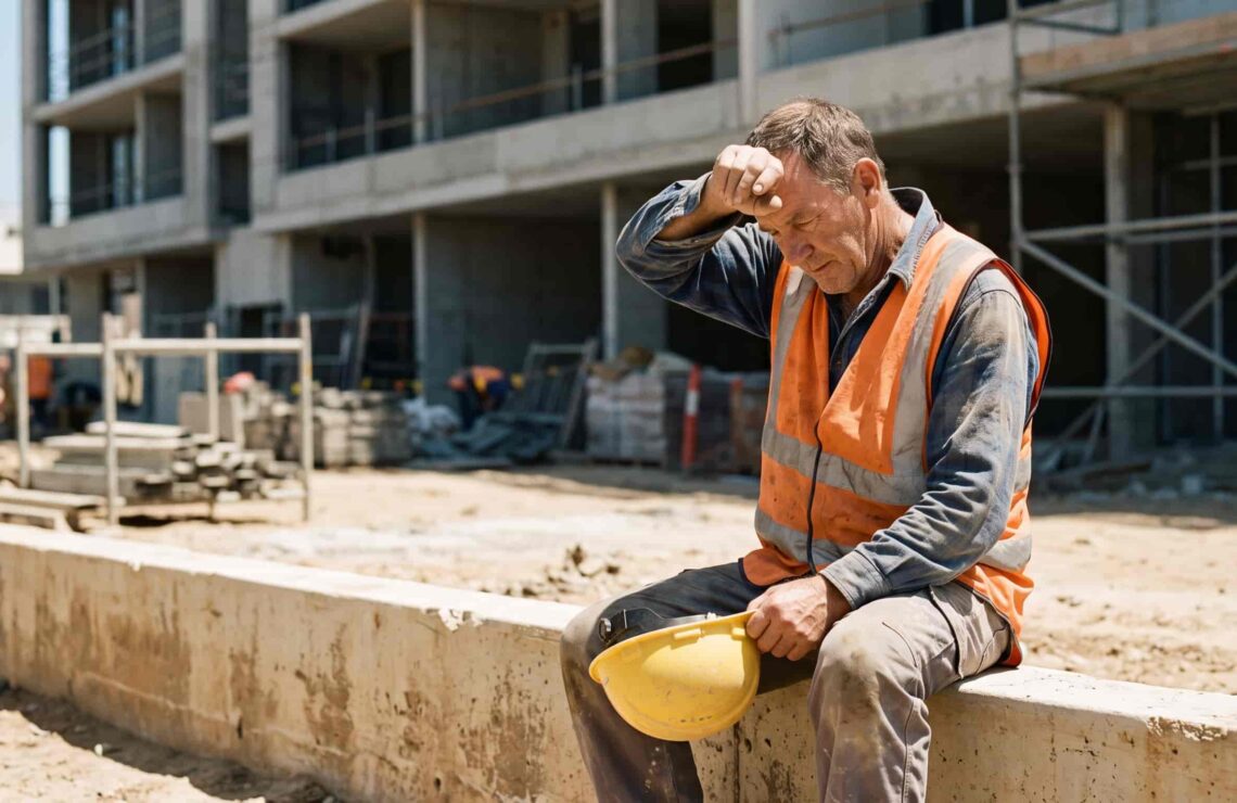 Trabalhador da construção civil ao sol a fazer uma pausa, com o capacete na mão