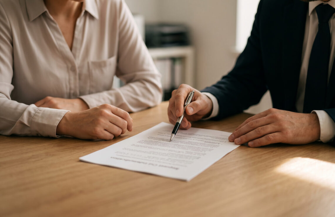 Advogada a apontar para um parágrafo de um documento, com o cliente do outro lado da mesa.