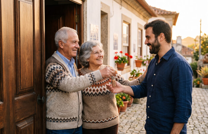 Pais idosos entregam simbolicamente as chaves da casa ao filho adulto, mantendo-se à porta de casa