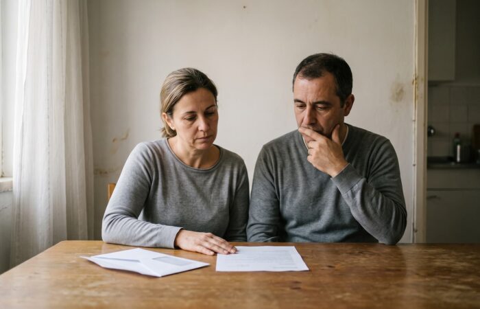 Casal a ler uma carta das Finanças à mesa da sala do seu apartamento