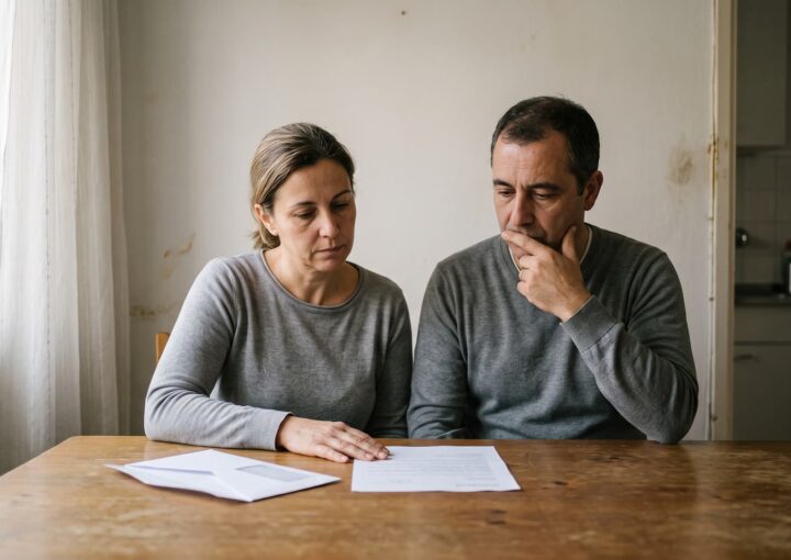 Casal a ler uma carta das Finanças à mesa da sala do seu apartamento