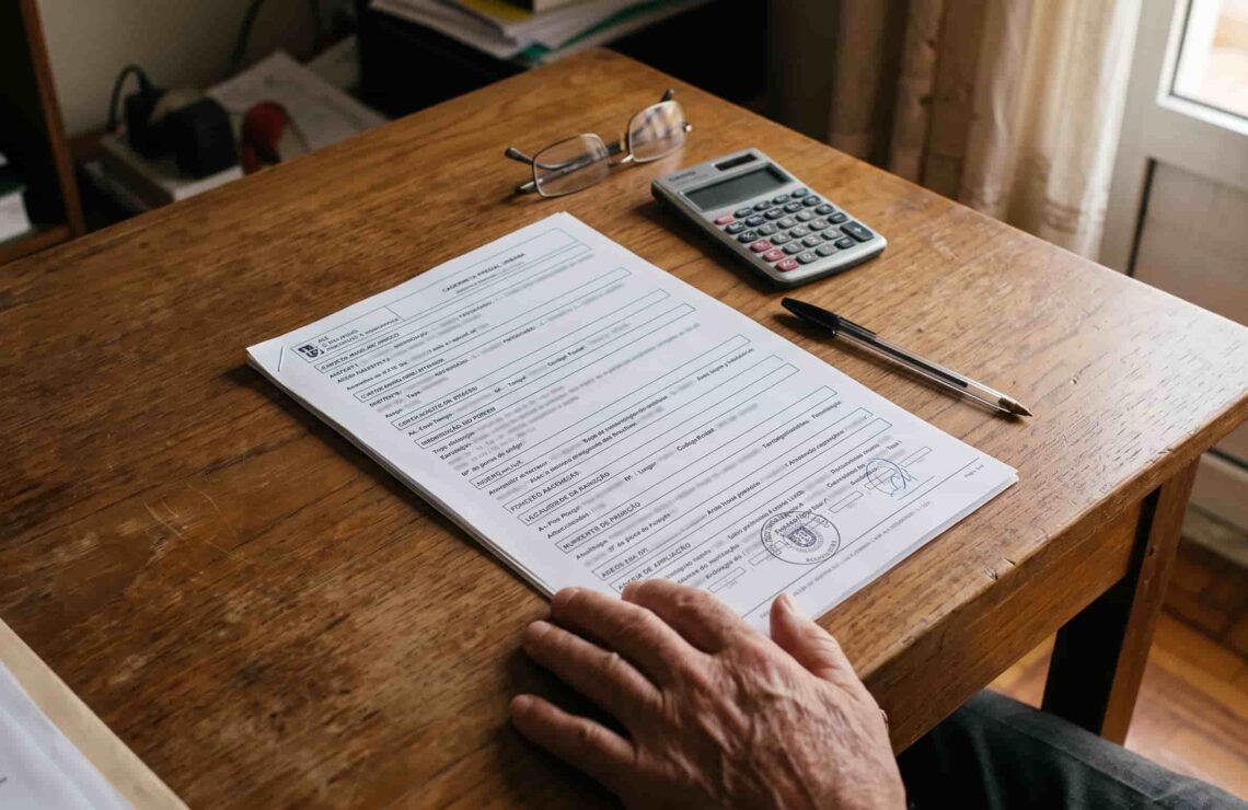 Caderneta predial e calculadora sobre a secretária de quem verifica o valor patrimonial do imóvel