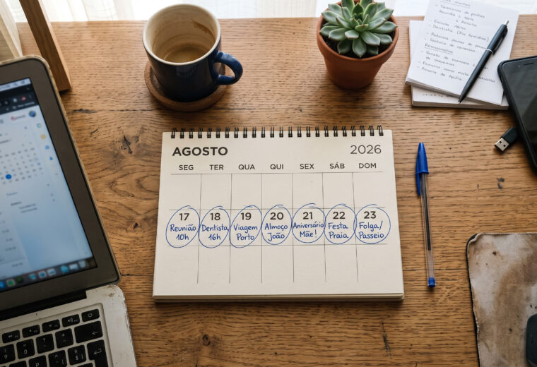 Calendário de secretária com sete dias assinalados a caneta