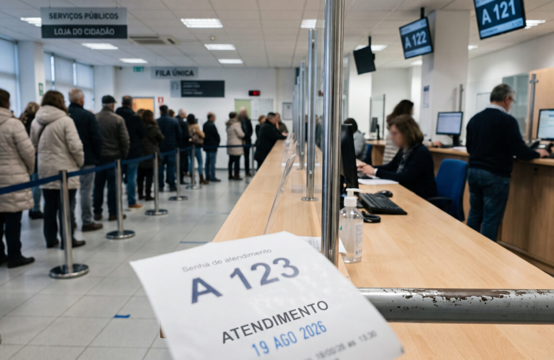 Balcão de atendimento público visto de lado, com uma senha de atendimento em primeiro plano