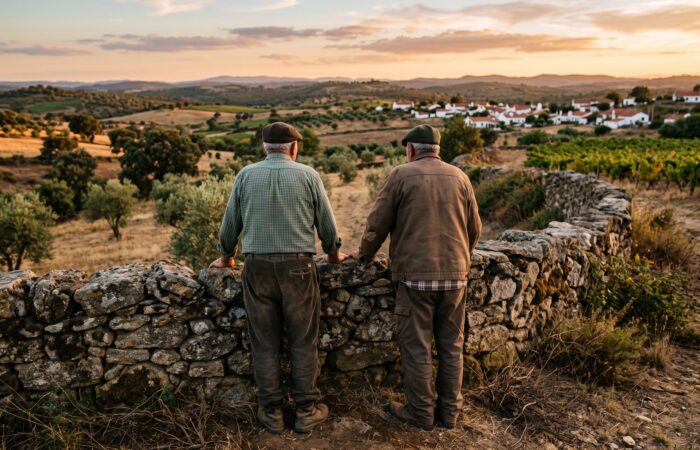 dois vizinhos idosos a conversar junto ao muro de um terreno rural