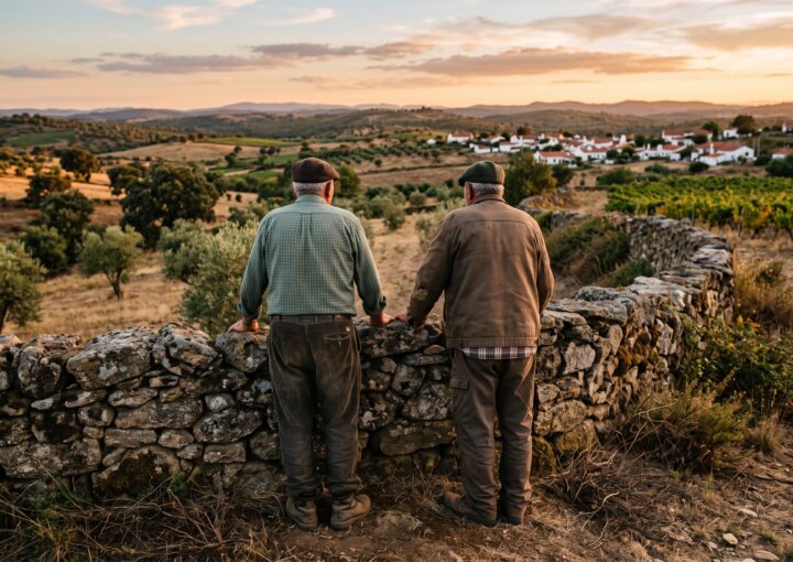 dois vizinhos idosos a conversar junto ao muro de um terreno rural