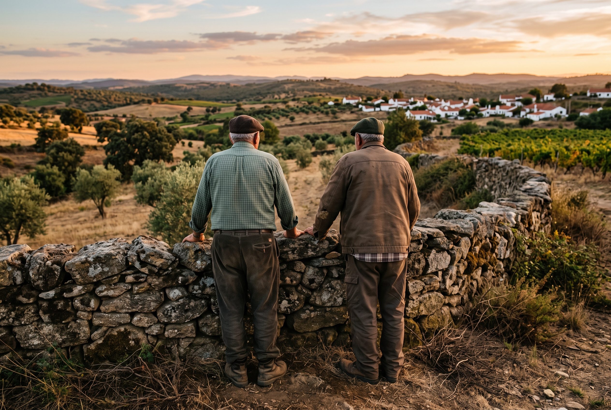 dois vizinhos idosos a conversar junto ao muro de um terreno rural