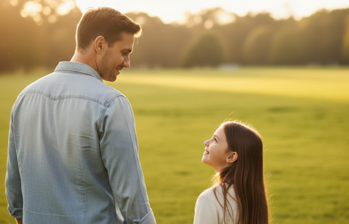 Pai e filho pequenos abraçados carinhosamente num campo dourado ao pôr do sol, a desfrutar de um momento de ligação e afeto. O pai carrega uma mochila e tem um sorriso suave enquanto o filho, ao colo, retribui o carinho. Evoca paternidade ativa e felicidade familiar.