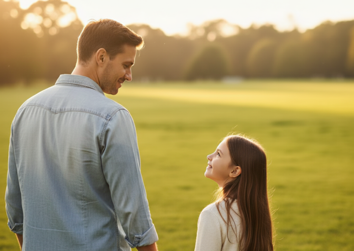 Pai e filho pequenos abraçados carinhosamente num campo dourado ao pôr do sol, a desfrutar de um momento de ligação e afeto. O pai carrega uma mochila e tem um sorriso suave enquanto o filho, ao colo, retribui o carinho. Evoca paternidade ativa e felicidade familiar.