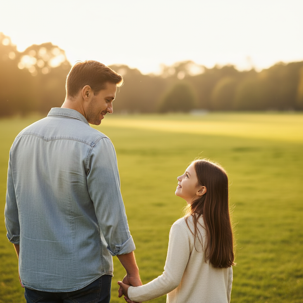Pai e filho pequenos abraçados carinhosamente num campo dourado ao pôr do sol, a desfrutar de um momento de ligação e afeto. O pai carrega uma mochila e tem um sorriso suave enquanto o filho, ao colo, retribui o carinho. Evoca paternidade ativa e felicidade familiar.