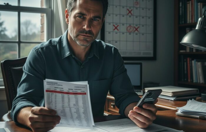 Miguel, senhorio, 44 anos, analisa extrato bancário e telemóvel no seu escritório, preocupado com falha de pagamento de inquilino e perdas em contrato de arrendamento.