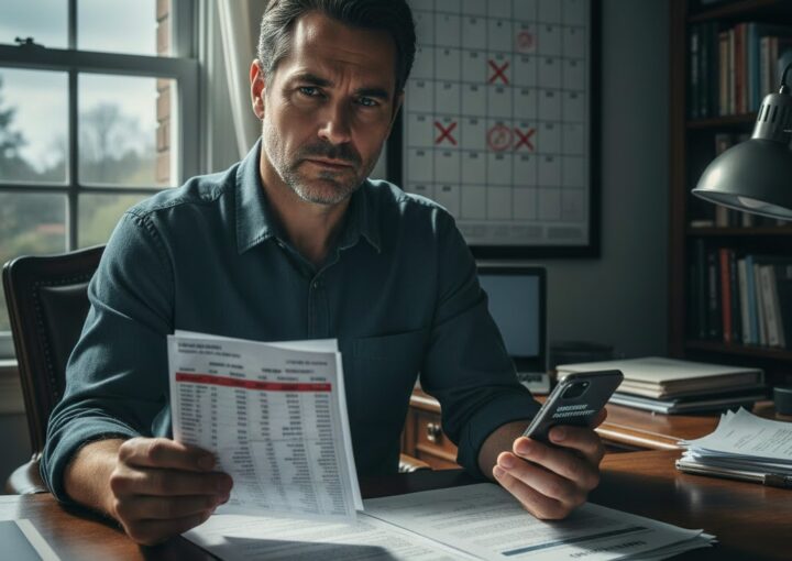 Miguel, senhorio, 44 anos, analisa extrato bancário e telemóvel no seu escritório, preocupado com falha de pagamento de inquilino e perdas em contrato de arrendamento.
