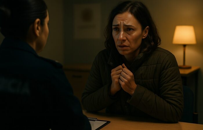 Mulher em situação de vulnerabilidade, visivelmente perturbada, a conversar com um profissional (possivelmente um polícia) num ambiente escuro, procurando proteção e ajuda imediata contra a violência doméstica