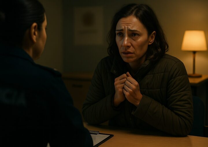 Mulher em situação de vulnerabilidade, visivelmente perturbada, a conversar com um profissional (possivelmente um polícia) num ambiente escuro, procurando proteção e ajuda imediata contra a violência doméstica
