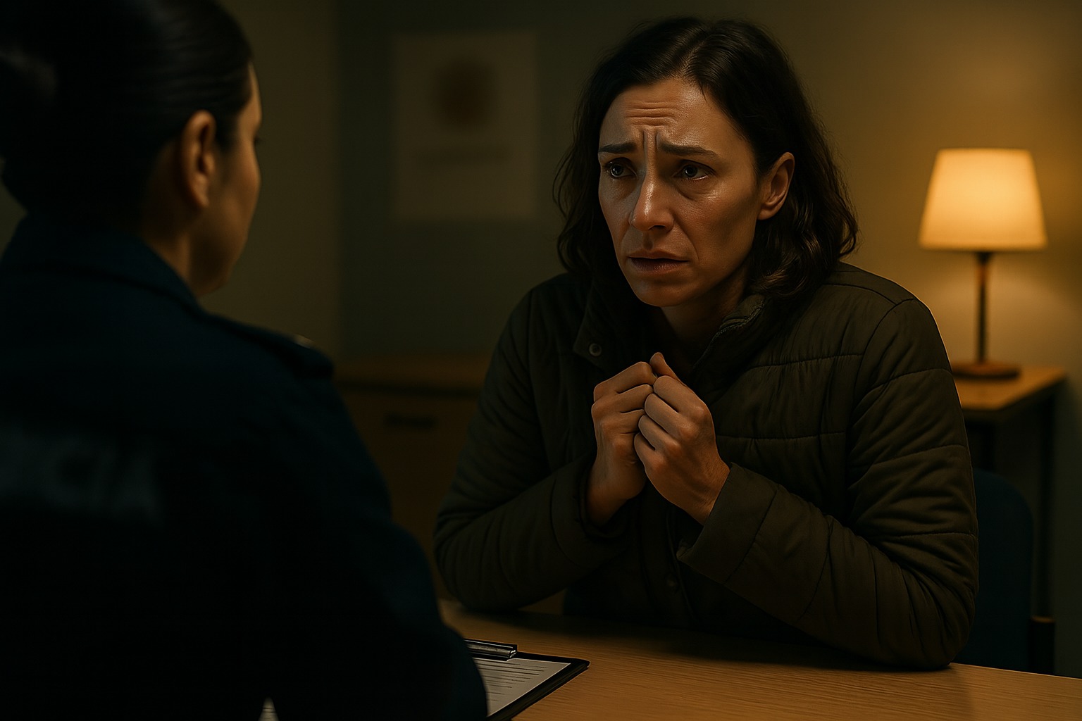 Mulher em situação de vulnerabilidade, visivelmente perturbada, a conversar com um profissional (possivelmente um polícia) num ambiente escuro, procurando proteção e ajuda imediata contra a violência doméstica