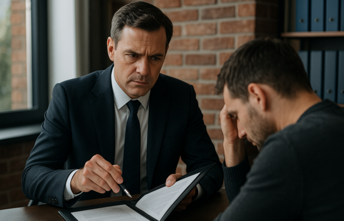 Um advogado, de fato e gravata, a explicar documentos importantes a um homem que demonstra preocupação e angústia, simbolizando o apoio jurídico em casos de violência doméstica contra homens.