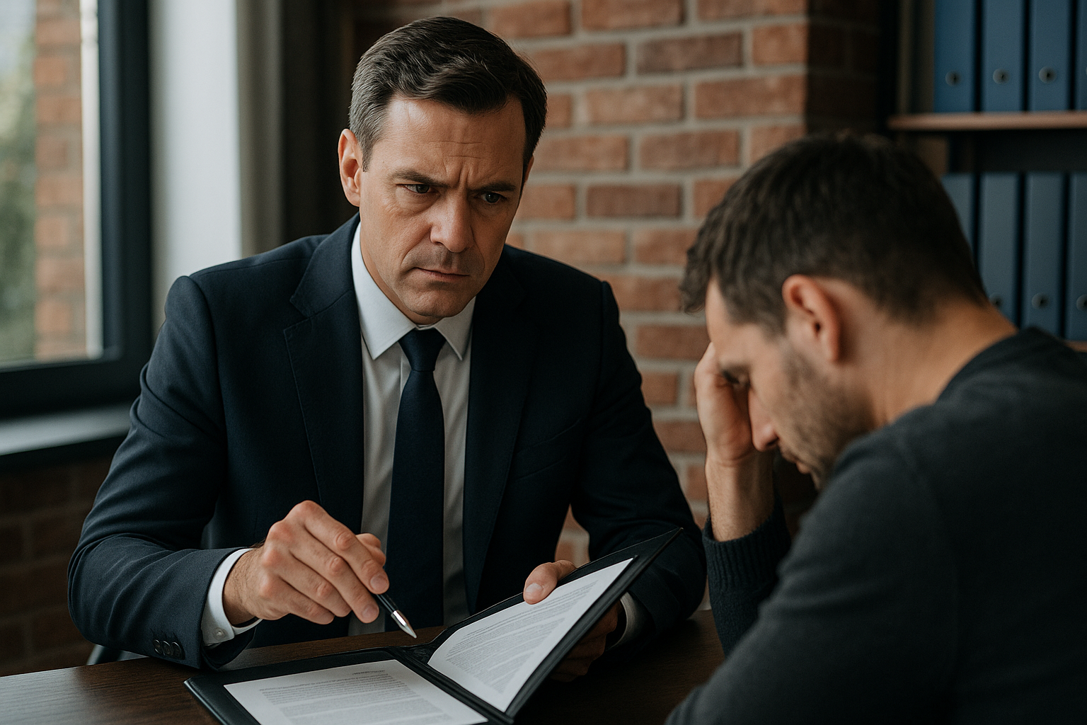 Um advogado, de fato e gravata, a explicar documentos importantes a um homem que demonstra preocupação e angústia, simbolizando o apoio jurídico em casos de violência doméstica contra homens.