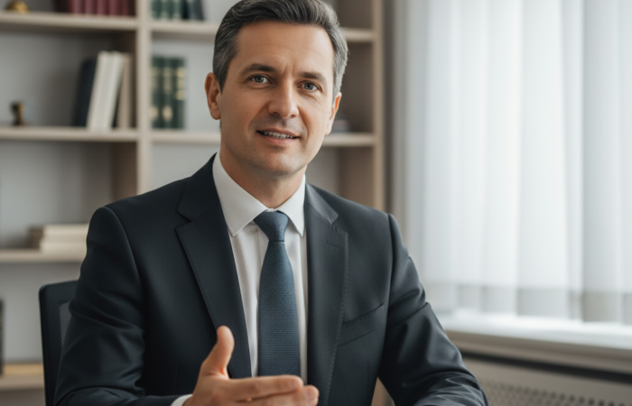 Advogado fiscal, de fato e gravata, sentado à sua secretária num escritório, sorrindo e gesticulando com a mão aberta, com documentos e um tablet à sua frente.