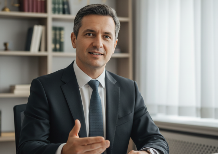 Advogado fiscal, de fato e gravata, sentado à sua secretária num escritório, sorrindo e gesticulando com a mão aberta, com documentos e um tablet à sua frente.