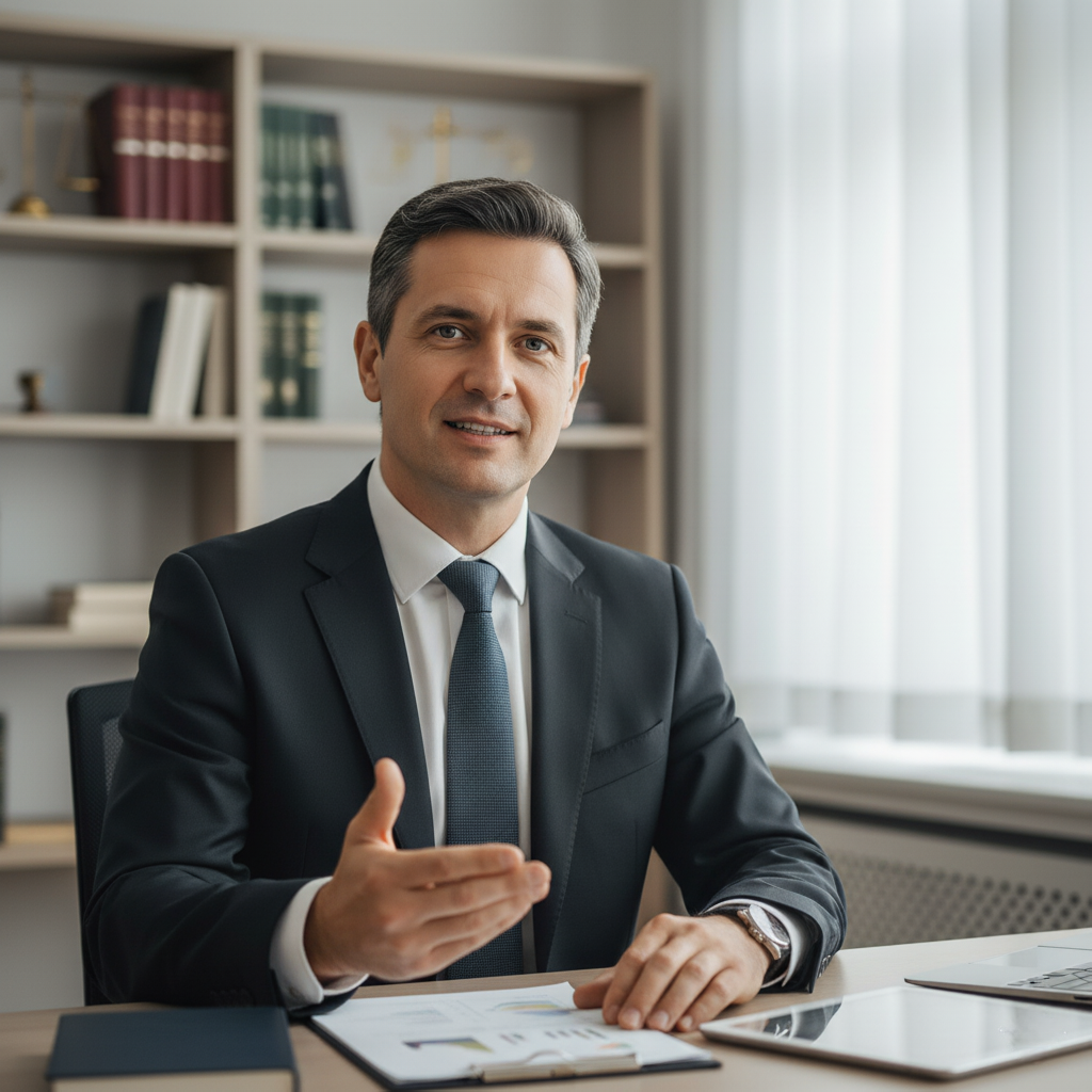 Advogado fiscal, de fato e gravata, sentado à sua secretária num escritório, sorrindo e gesticulando com a mão aberta, com documentos e um tablet à sua frente.