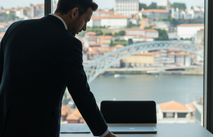dvogado fiscal, de costas, a analisar documentos na sua secretária de escritório, com uma vista panorâmica do Porto, incluindo o Rio Douro e a Ponte D. Luís I, ao fundo.