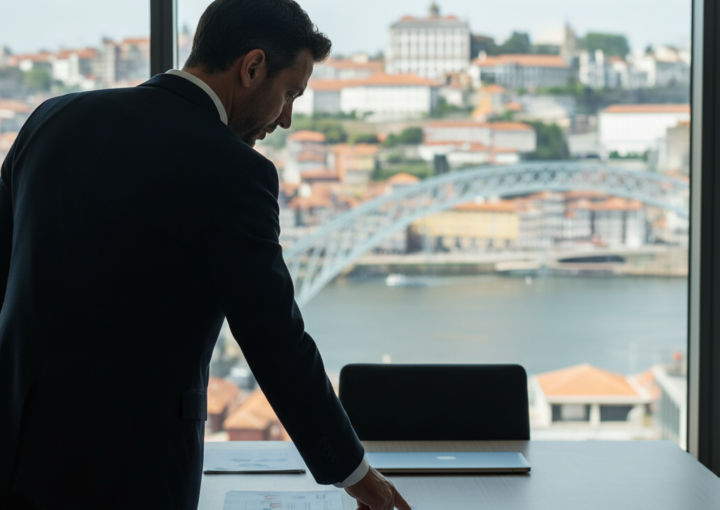 dvogado fiscal, de costas, a analisar documentos na sua secretária de escritório, com uma vista panorâmica do Porto, incluindo o Rio Douro e a Ponte D. Luís I, ao fundo.