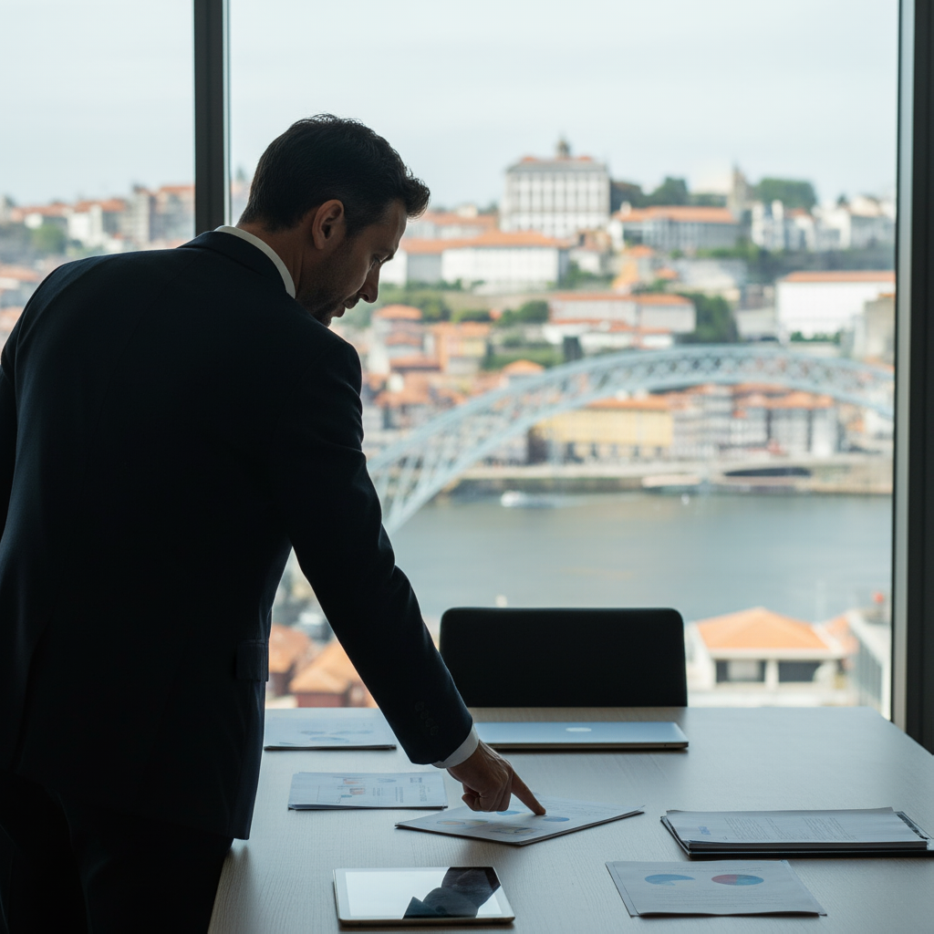 dvogado fiscal, de costas, a analisar documentos na sua secretária de escritório, com uma vista panorâmica do Porto, incluindo o Rio Douro e a Ponte D. Luís I, ao fundo.