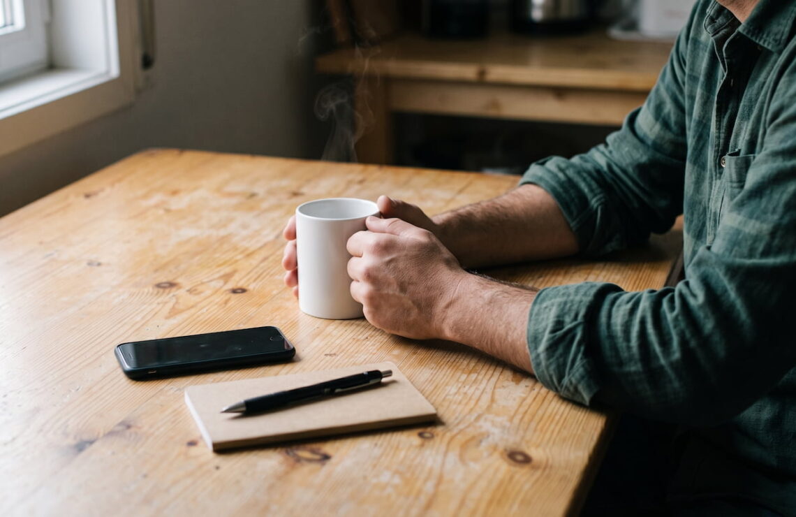 Mãos de um homem a segurar uma caneca numa mesa de cozinha, junto a um telemóvel e a um caderno