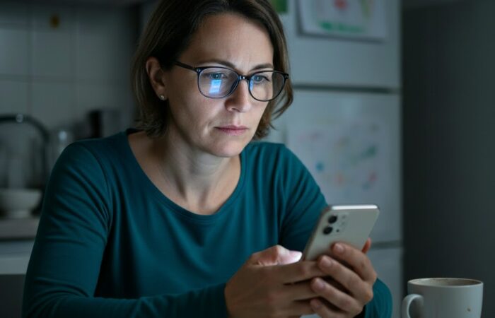 Mulher com óculos, vestida de verde-azulado, sentada à mesa de casa numa divisão escura, a usar o telemóvel com uma expressão séria, possivelmente preocupada com as finanças.
