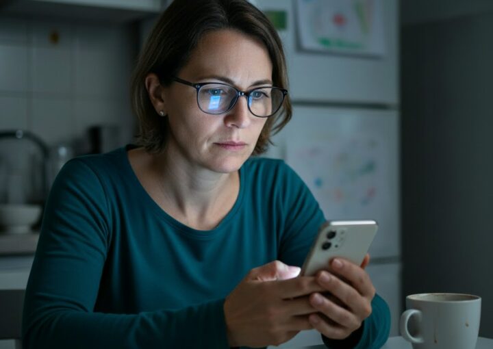 Mulher com óculos, vestida de verde-azulado, sentada à mesa de casa numa divisão escura, a usar o telemóvel com uma expressão séria, possivelmente preocupada com as finanças.