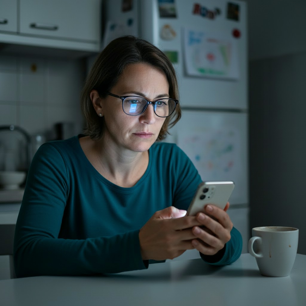 Mulher com óculos, vestida de verde-azulado, sentada à mesa de casa numa divisão escura, a usar o telemóvel com uma expressão séria, possivelmente preocupada com as finanças.