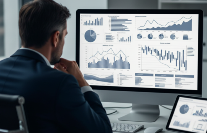 Profissional de fatura a analisar um painel de controlo (dashboard) com gráficos e dados financeiros num monitor de computador, refletindo sobre o impacto e números da execução fiscal.