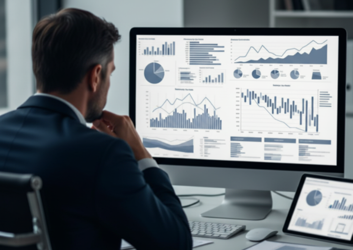 Profissional de fatura a analisar um painel de controlo (dashboard) com gráficos e dados financeiros num monitor de computador, refletindo sobre o impacto e números da execução fiscal.