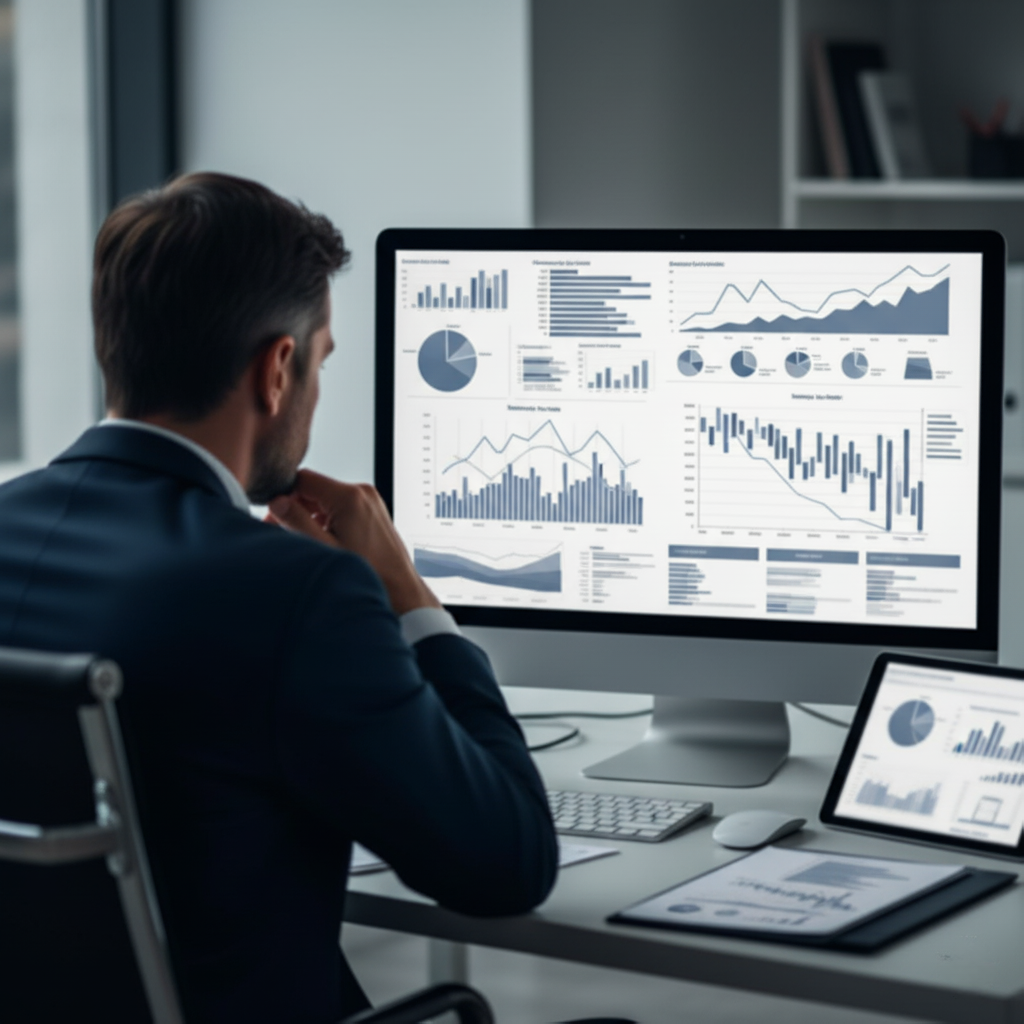 Profissional de fatura a analisar um painel de controlo (dashboard) com gráficos e dados financeiros num monitor de computador, refletindo sobre o impacto e números da execução fiscal.