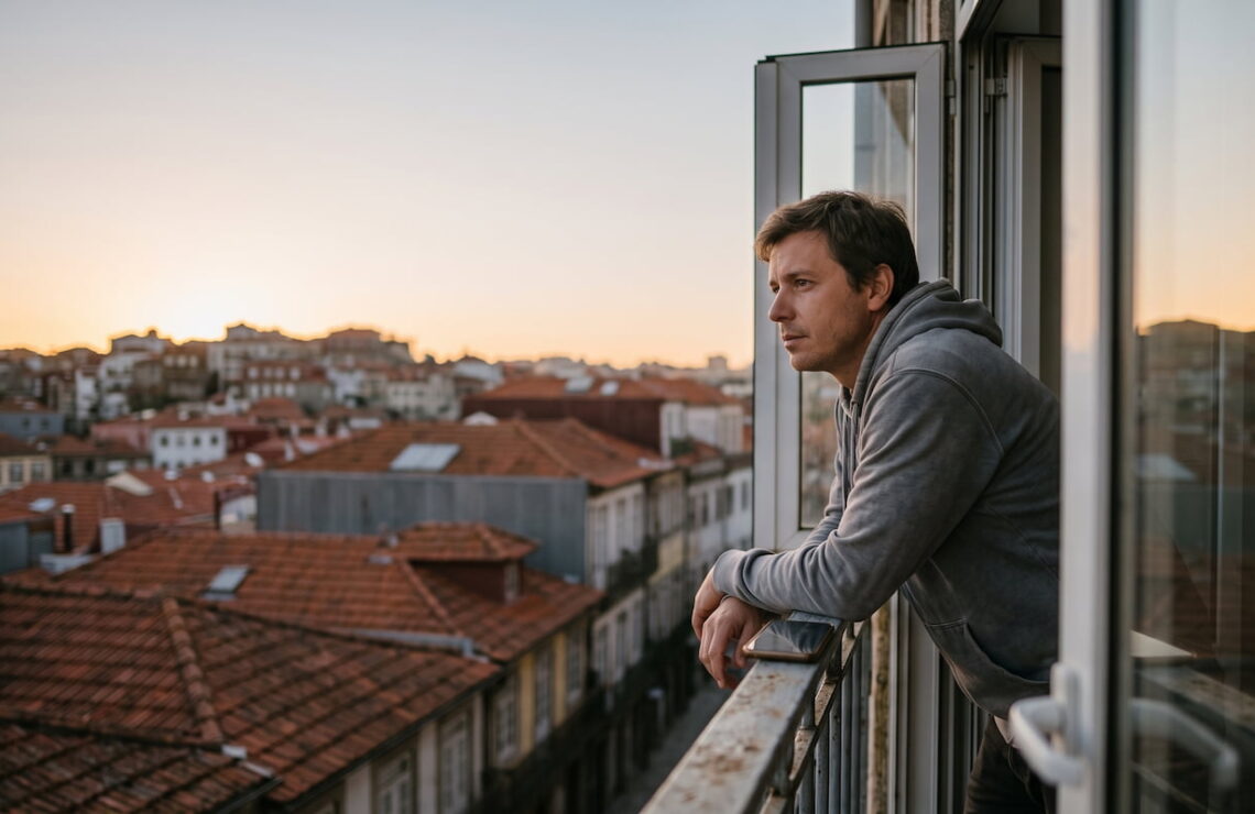 Homem sozinho numa varanda ao anoitecer, apoiado no parapeito, a olhar para os telhados da cidade