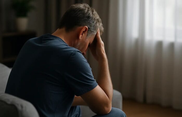 Homem de costas, sentado, com a cabeça apoiada na mão, refletindo tristeza ou desespero num ambiente sombrio, simbolizando os desafios da violência doméstica contra homens.