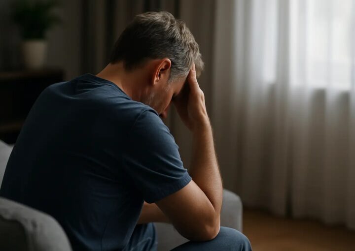 Homem de costas, sentado, com a cabeça apoiada na mão, refletindo tristeza ou desespero num ambiente sombrio, simbolizando os desafios da violência doméstica contra homens.