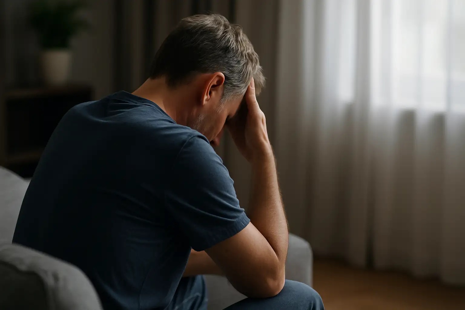 Homem de costas, sentado, com a cabeça apoiada na mão, refletindo tristeza ou desespero num ambiente sombrio, simbolizando os desafios da violência doméstica contra homens.