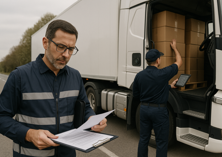 Fiscal ou inspetor de transportes com óculos e uniforme, a analisar documentos com expressão séria, enquanto um funcionário da transportadora confere a carga (caixas) de um camião, simbolizando uma inspeção rodoviária